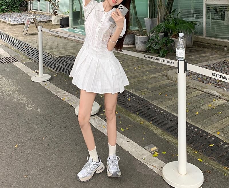 Dress Short-Sleeve Mini Pleated Shirt Plain