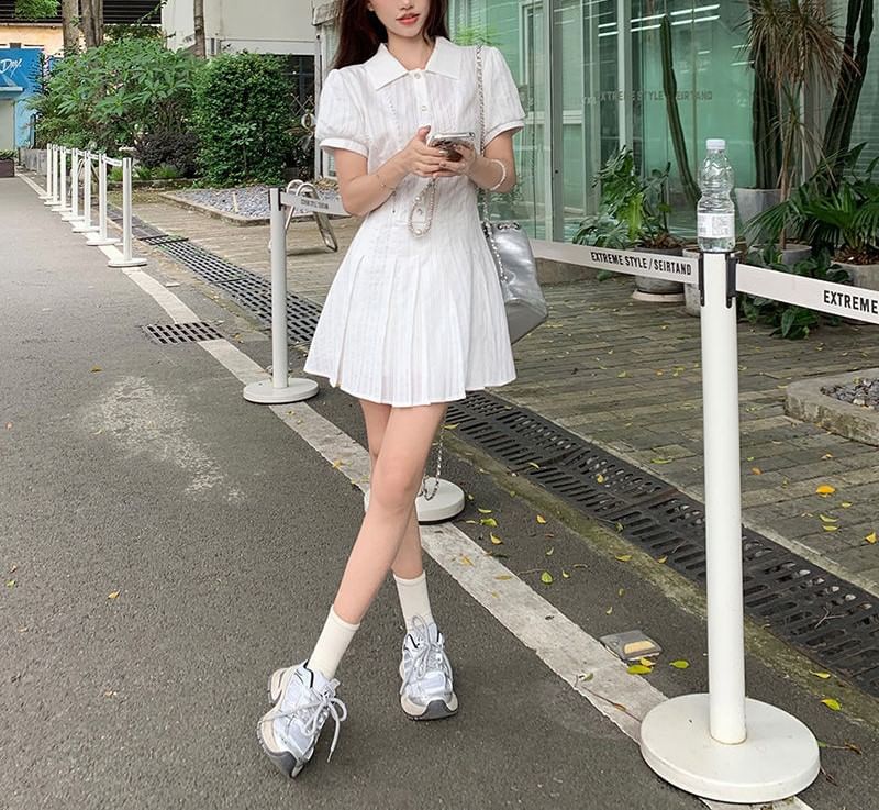 Dress Short-Sleeve Mini Pleated Shirt Plain