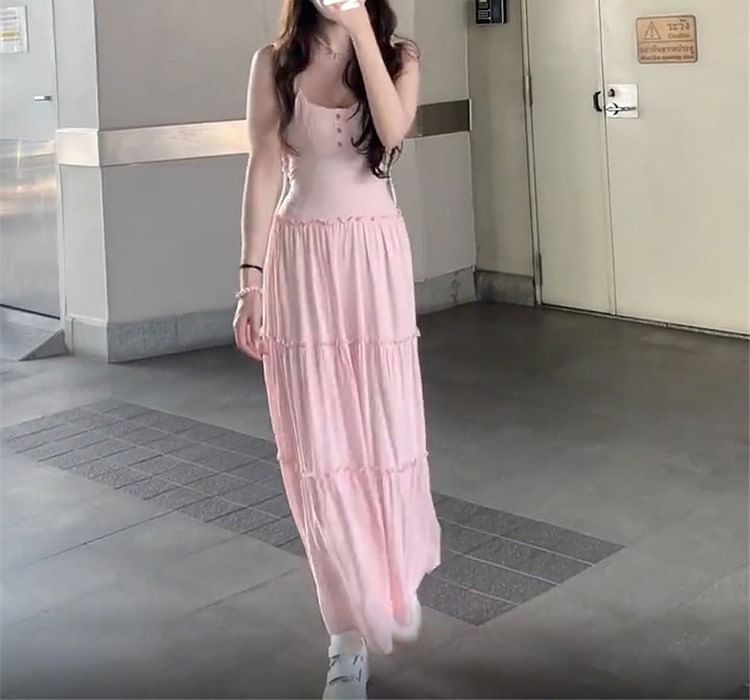 Strap Maxi Spaghetti Scoop Plain Dress A-Line Neck