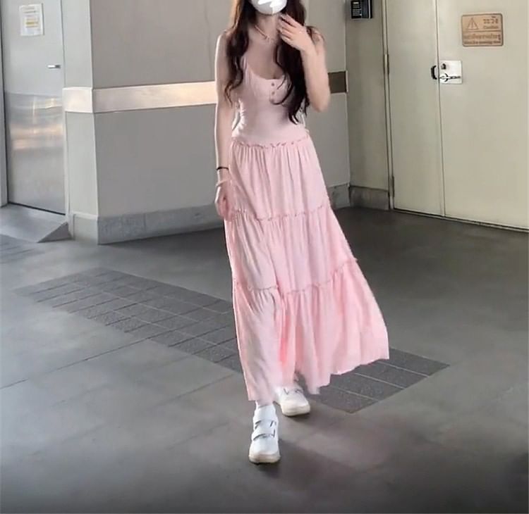 Strap Maxi Spaghetti Scoop Plain Dress A-Line Neck