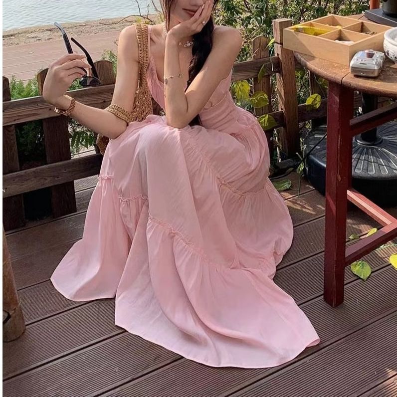 Strap Maxi Spaghetti Scoop Plain Dress A-Line Neck