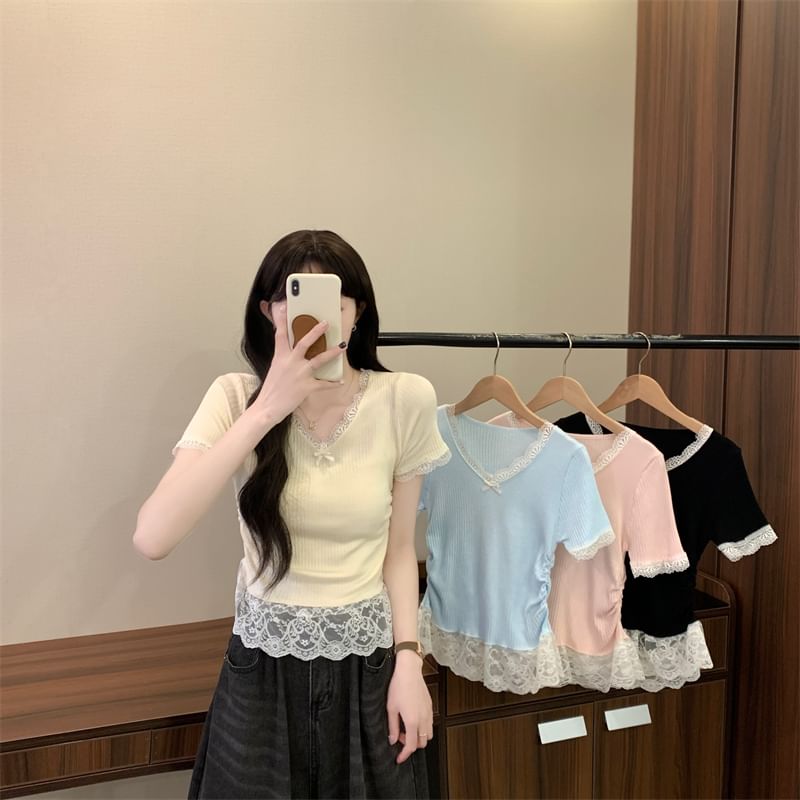 V-Neck Short Sleeve Lace Trim T-Shirt