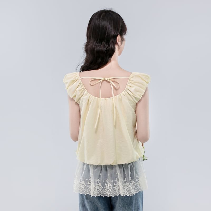 Square Neck Plain Lace Sleeveless Top
