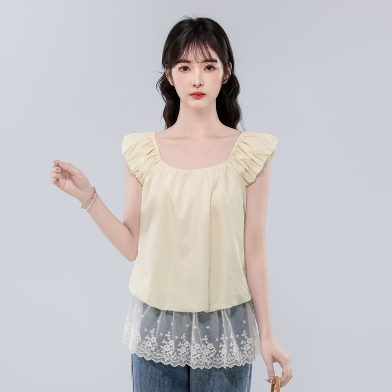 Square Neck Plain Lace Sleeveless Top