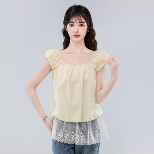 Square Neck Plain Lace Sleeveless Top