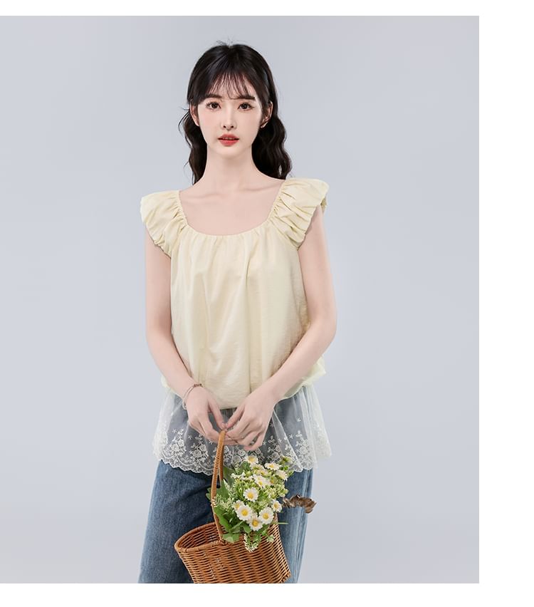 Square Neck Plain Lace Sleeveless Top
