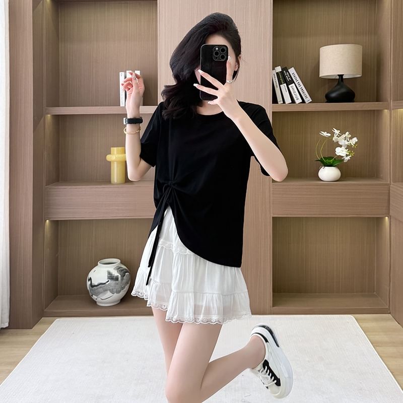 Crew Neck Asymmetrical Tie-Up Tee + High Rise Tiered Lace A-Line Skirt Set