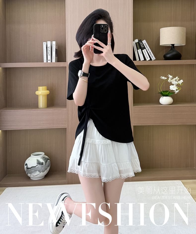 Crew Neck Asymmetrical Tie-Up Tee + High Rise Tiered Lace A-Line Skirt Set