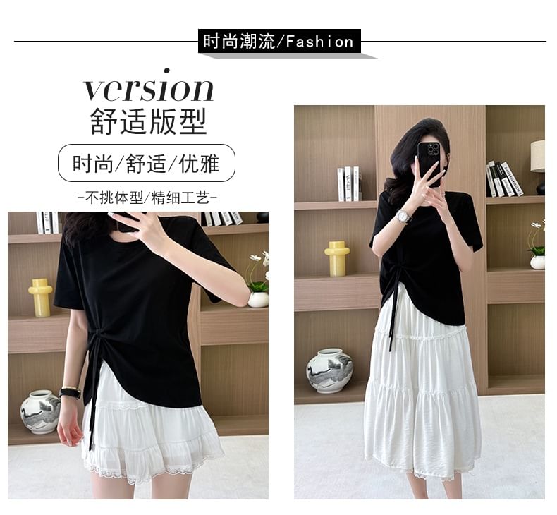 Crew Neck Asymmetrical Tie-Up Tee + High Rise Tiered Lace A-Line Skirt Set