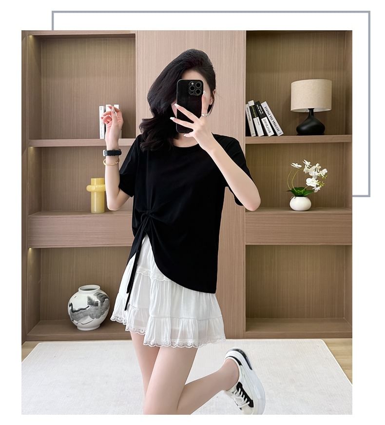 Crew Neck Asymmetrical Tie-Up Tee + High Rise Tiered Lace A-Line Skirt Set