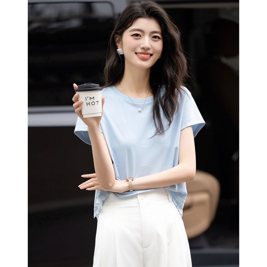 Crew Neck Lace Panel Short Sleeve Tee