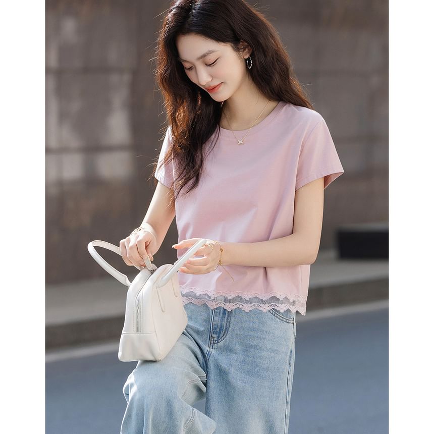 Crew Neck Lace Panel Short Sleeve Tee