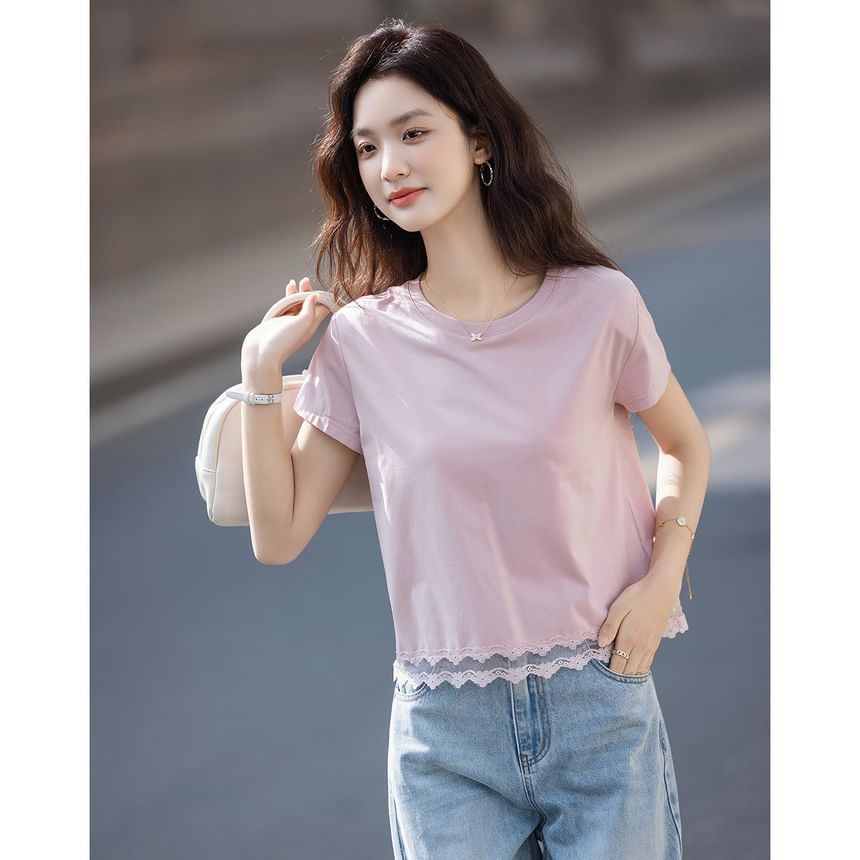 Crew Neck Lace Panel Short Sleeve Tee