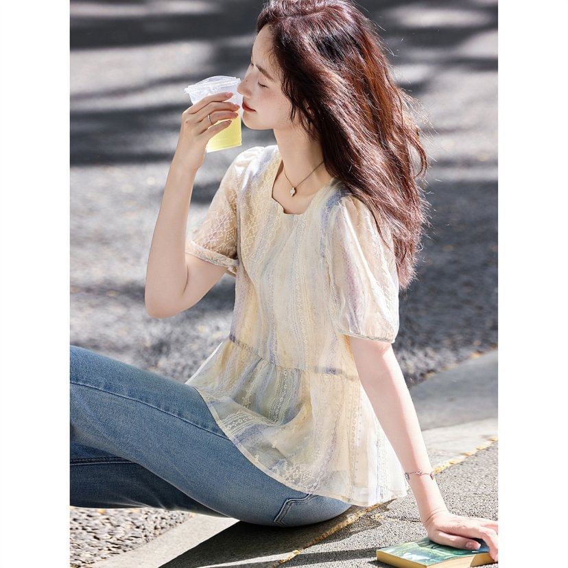 Short Sleeve Lace Peplum Blouse
