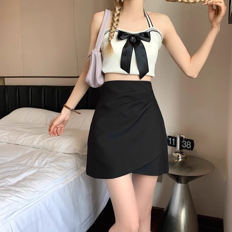 High-Rise Ruched Mini Flared Skirt