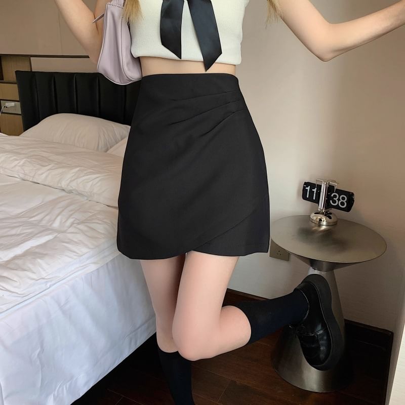 High-Rise Ruched Mini Flared Skirt