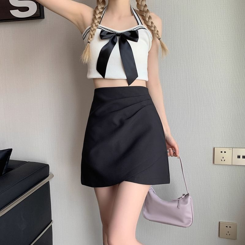 High-Rise Ruched Mini Flared Skirt