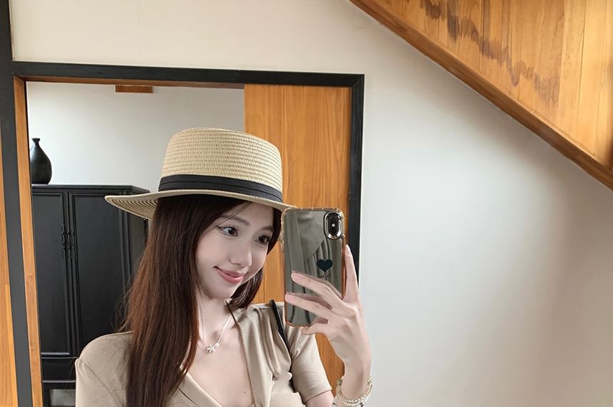 Tie-Neck Short-Sleeve Top with High-Waist Solid Mini Flared Skirt