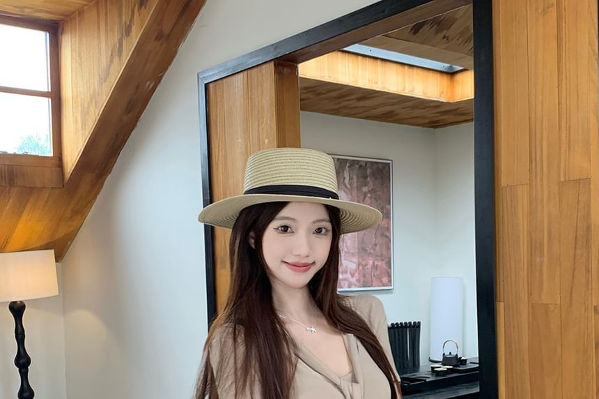 Tie-Neck Short-Sleeve Top with High-Waist Solid Mini Flared Skirt