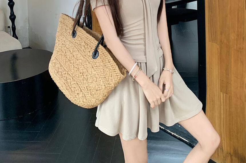 Tie-Neck Short-Sleeve Top with High-Waist Solid Mini Flared Skirt