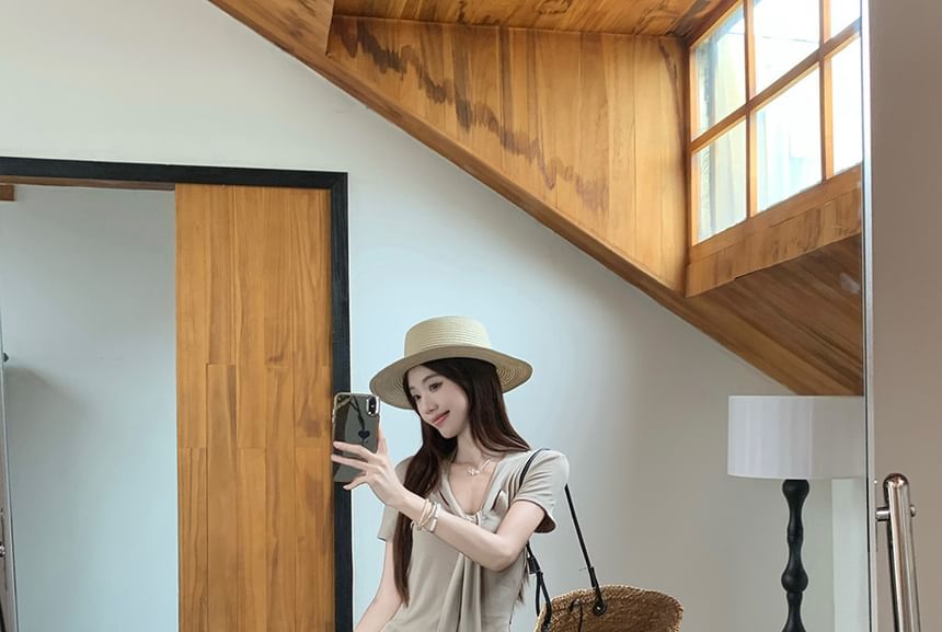 Tie-Neck Short-Sleeve Top with High-Waist Solid Mini Flared Skirt