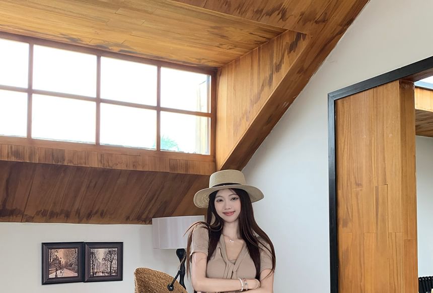Tie-Neck Short-Sleeve Top with High-Waist Solid Mini Flared Skirt