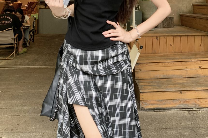 Tie-Up Sleeveless Top with Elastic-Waist Plaid Asymmetric Maxi Flared Skirt