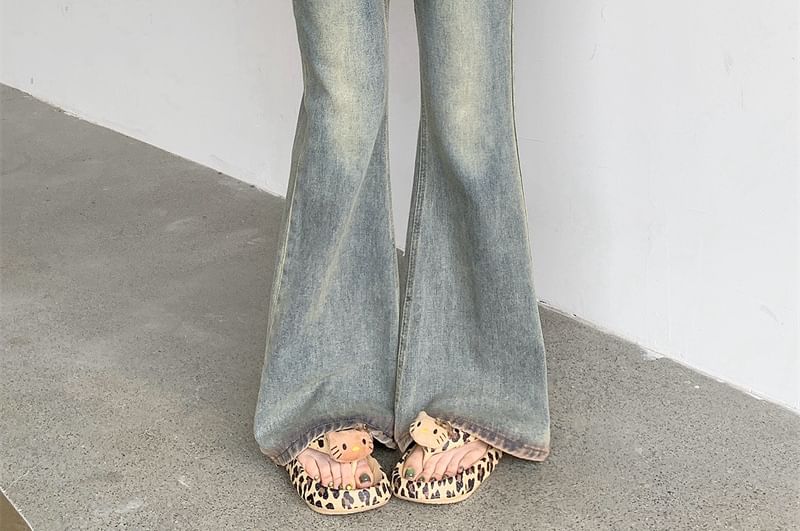 Mid-Rise Washed Flared Jeans with Overlay Detail