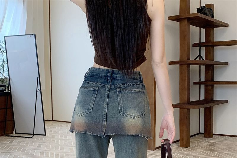 Mid-Rise Washed Flared Jeans with Overlay Detail