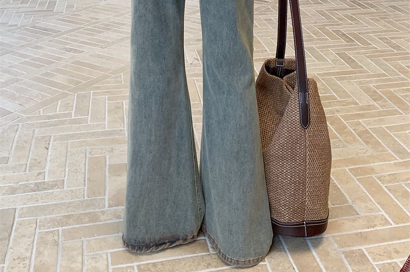 Mid-Rise Washed Flared Jeans with Overlay Detail