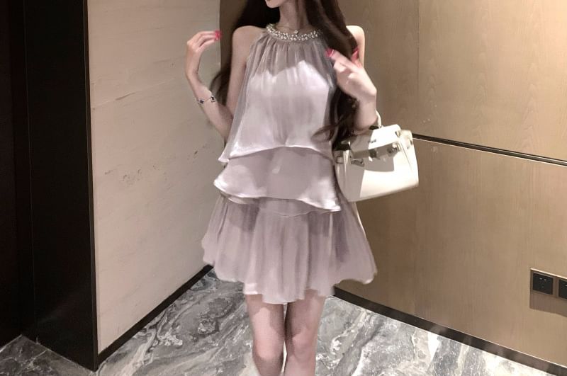 Pearl-Beaded Crew-Neck Sleeveless Blouse with High-Waist Mini Flared Skirt