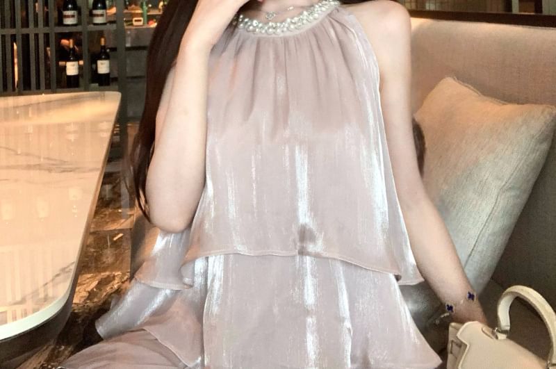 Pearl-Beaded Crew-Neck Sleeveless Blouse with High-Waist Mini Flared Skirt