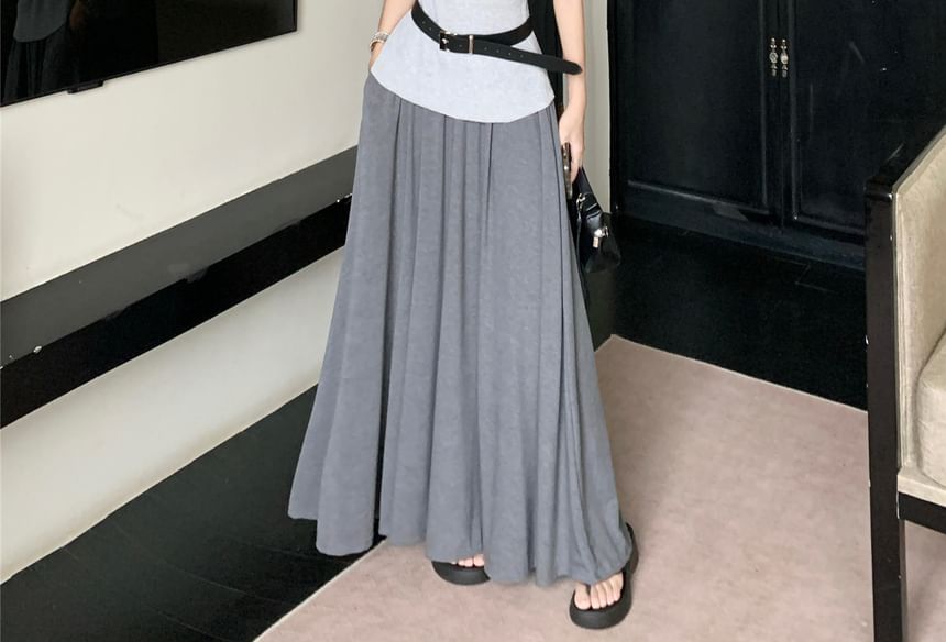 One-Shoulder Short-Sleeve Top with Belt and High-Rise Solid Maxi Flared Skirt