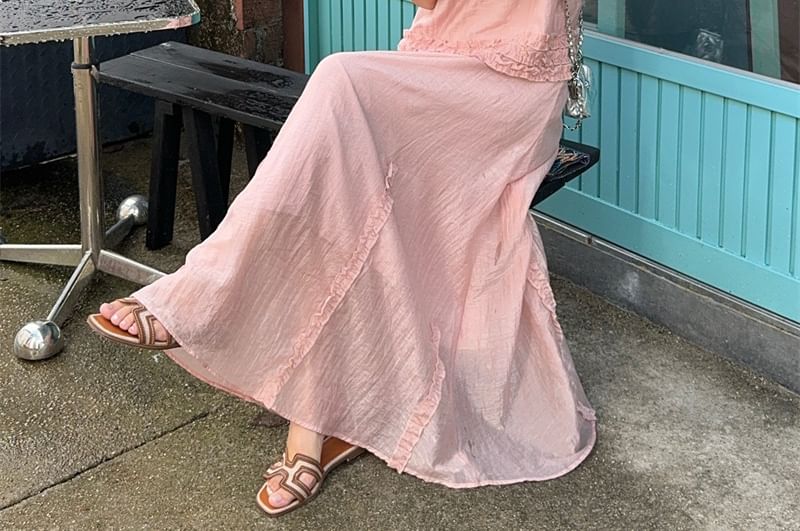 Crew-Neck Frilled Sleeveless Top with High-Rise Maxi Flared Skirt