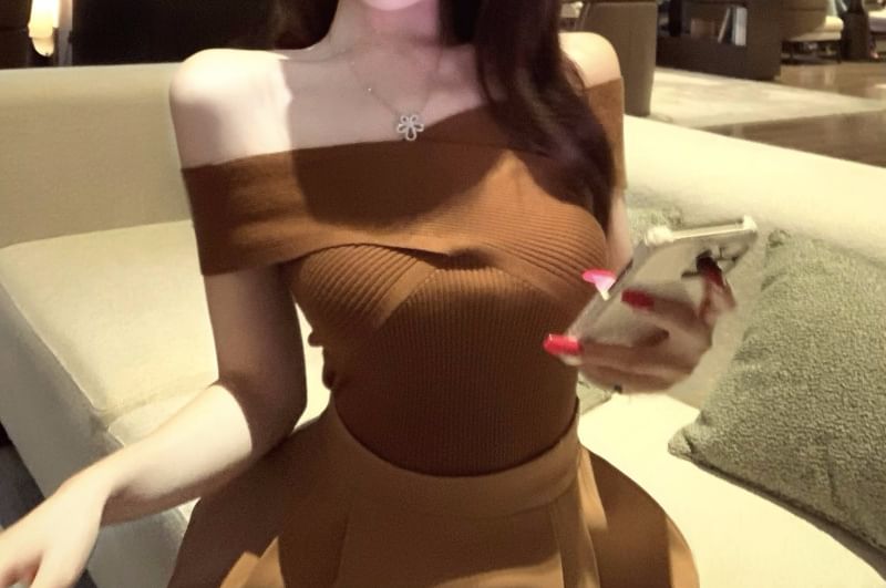 Off-Shoulder Ribbed Knit Sleeveless Top with High-Waist Solid Flared Mini Skirt