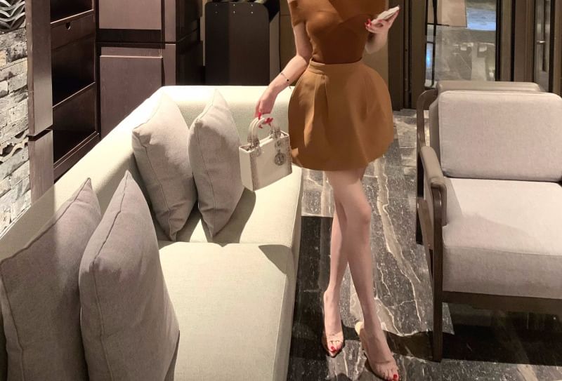 Off-Shoulder Ribbed Knit Sleeveless Top with High-Waist Solid Flared Mini Skirt
