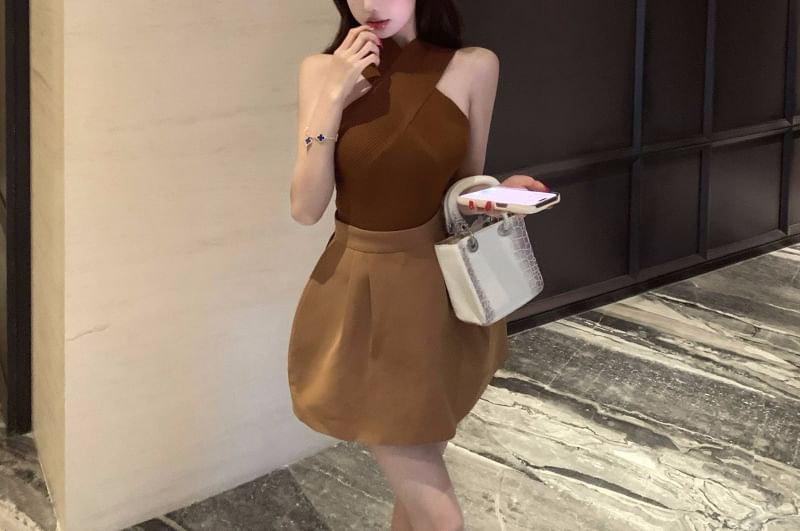 Off-Shoulder Ribbed Knit Sleeveless Top with High-Waist Solid Flared Mini Skirt