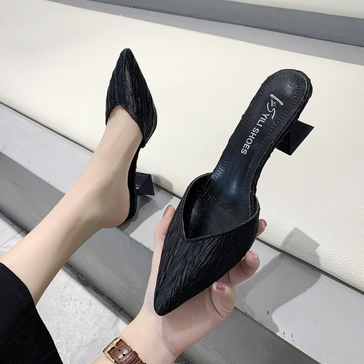 Pointed Heel Toe Kitten Mules