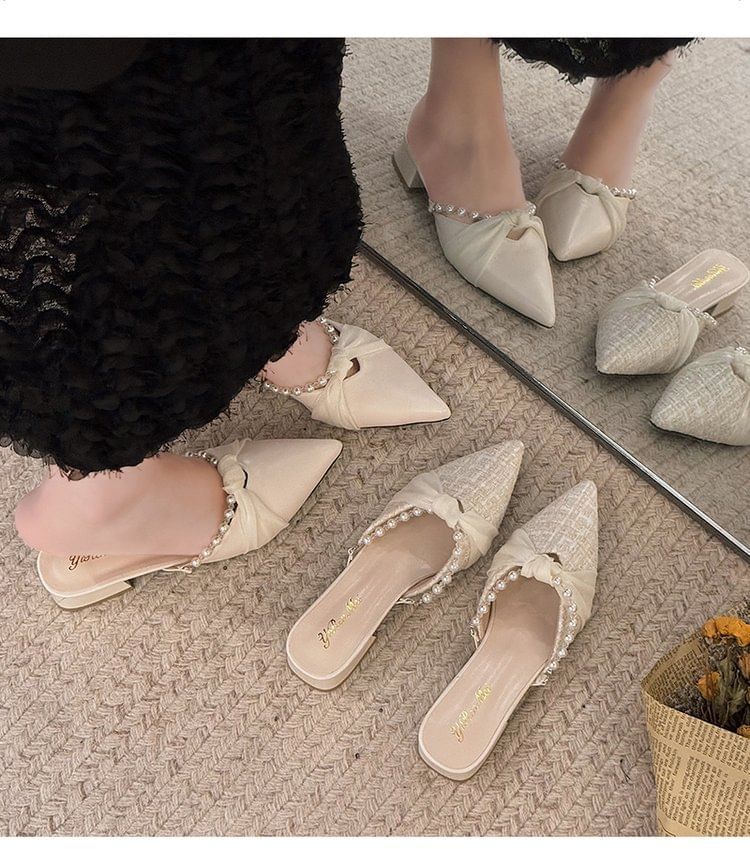 Pointed Toe Knot Faux Pearl Chunky Heel Mules