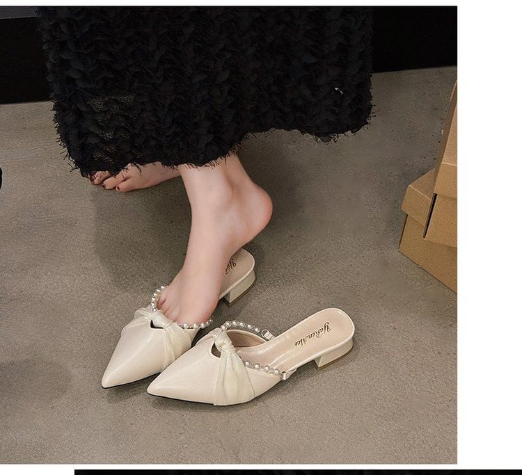 Pointed Toe Knot Faux Pearl Chunky Heel Mules