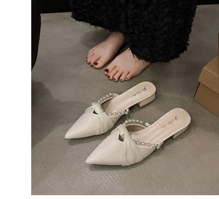 Pointed Toe Knot Faux Pearl Chunky Heel Mules