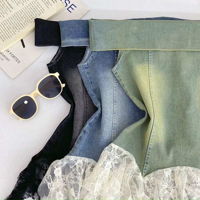 Off-Shoulder Asymmetrical Lace Panel Denim Tank