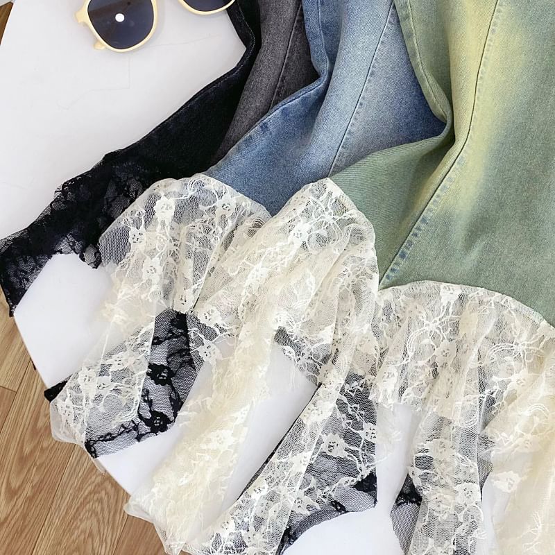 Off-Shoulder Asymmetrical Lace Panel Denim Tank