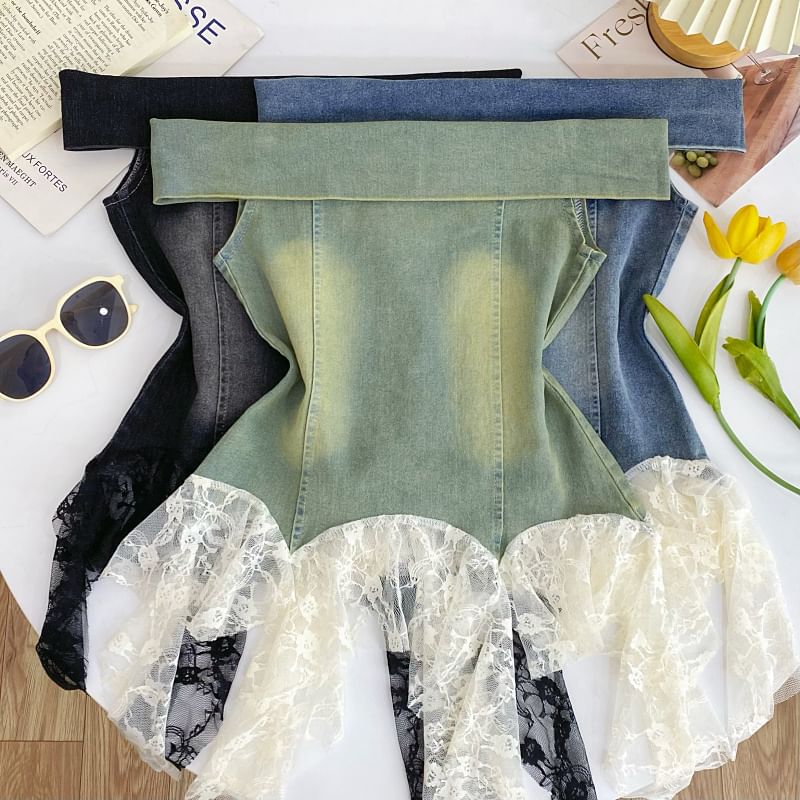 Off-Shoulder Asymmetrical Lace Panel Denim Tank
