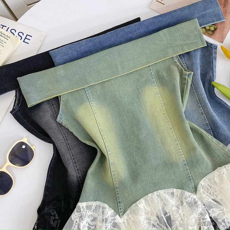Off-Shoulder Asymmetrical Lace Panel Denim Tank
