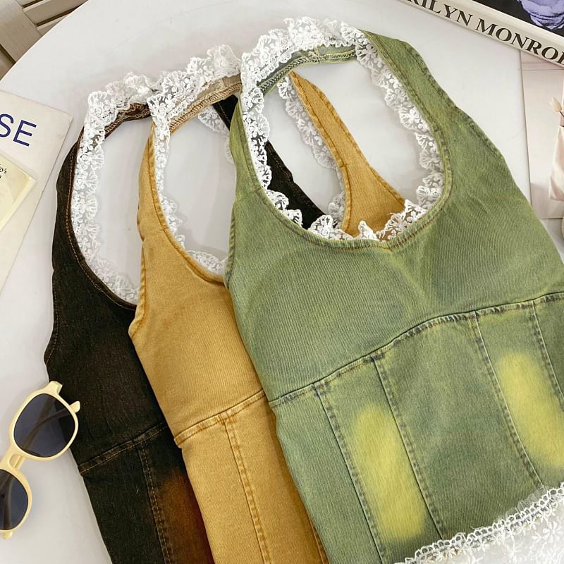 Halter Lace Trim Denim Padded Slim Fit Tank
