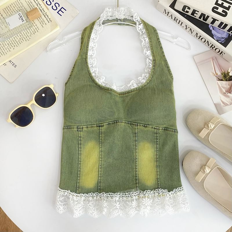 Halter Lace Trim Denim Padded Slim Fit Tank