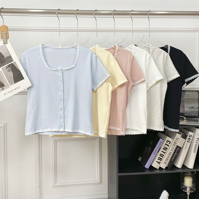 Short-Sleeve Square Neck Lace Trim Button Tee