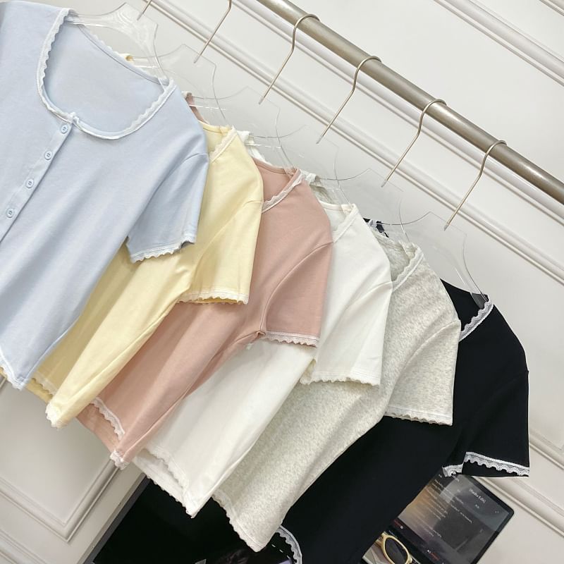 Short-Sleeve Square Neck Lace Trim Button Tee