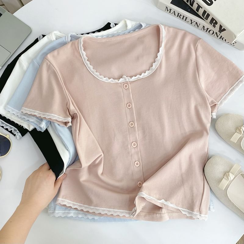 Short-Sleeve Square Neck Lace Trim Button Tee